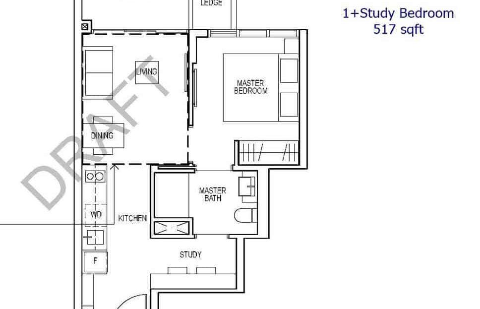 Riverfront Residences - 1+Study BR Floor Plan