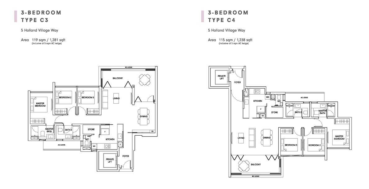 One Holland Village Residences - Quincy 3 Bedroom Layout